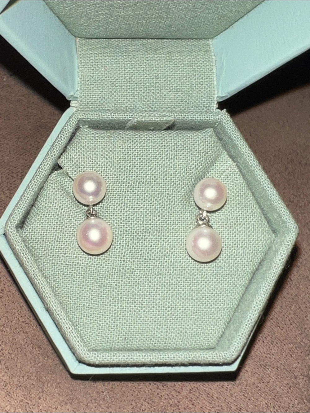 Double Pearl Drop Dangle Earrings - White 6-7mm Round Pearls 14K White Gold